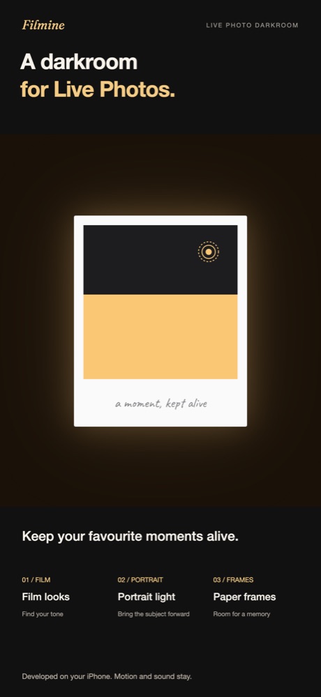 Filmine home screen with the developing Polara paper