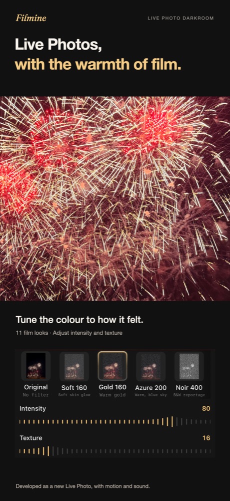 Fireworks Live Photo with the Gold 160 film look, intensity and texture sliders