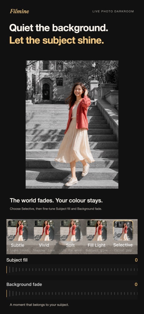 Portrait room: five presets, subject fill and background fade