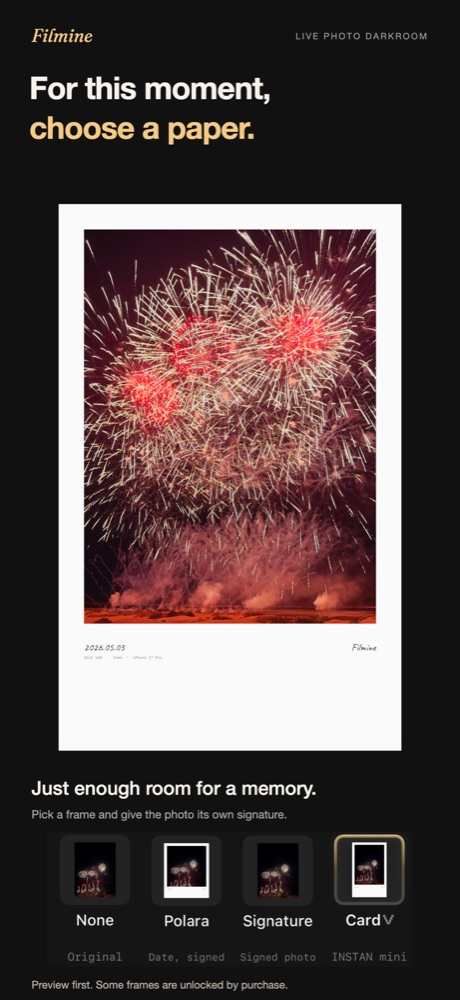The same fireworks on a Card paper frame with date and signature